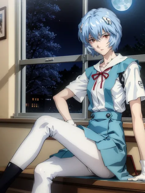 Rei Ayanami, Bluish silver short hair, One hand on cheek, Large windows, Open window, Leaning on the window frame, One foot on the window sill, Tokyo-3 middle school uniform, black socks, Moon Background, The moon looks big, Gazing at the Moon, Night, View...