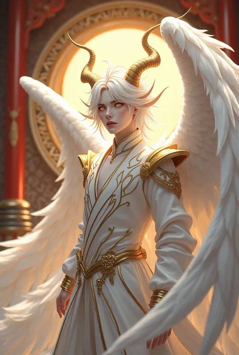 I want an albino fado man with golden eyes, Its horns are wavy and its wings are 2 meters high and its costumes resemble ancient China. Your appearance is elegant, angelic and masculine. He is a man I want an anime version