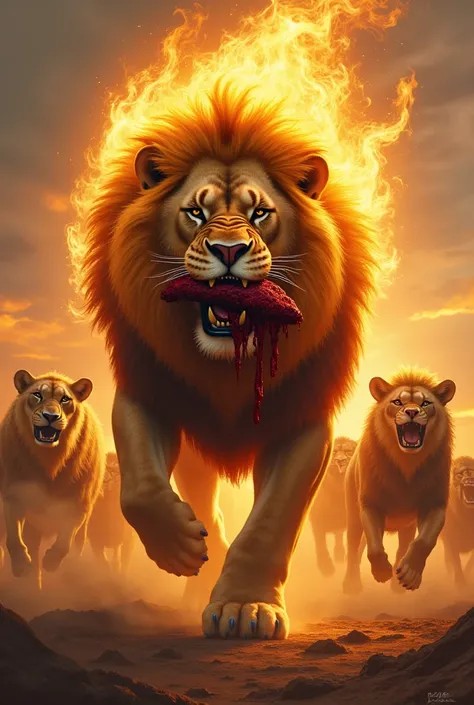 One lion with burning fire and showing there stanth in front of animals ,animals are scared and run from there and lion have pry in his mouth with brutel blood