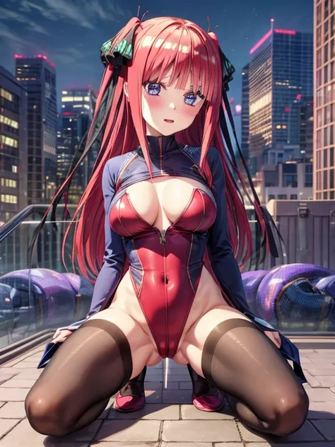 best quality, insanely detailed, nino nakano, breasts, blush, looking at viewer, cheerful eyes, arousal, long sleeve leotard, highleg leotard, athletic leotard, tight leotard, pussy, full body, spread legs, masturbation, nsfw, roof top background, airwalki...