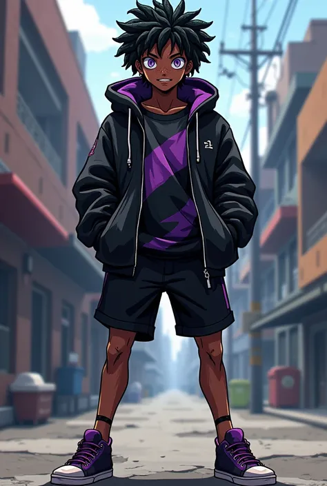 My Hero Academia, Dark Skin, Male, Freckles, , teen, Dreads, red, Black Outfit, Hero, male character, Black Shorts, sneakers, black Hoodie and black and purple shirt. Purple eyes. 