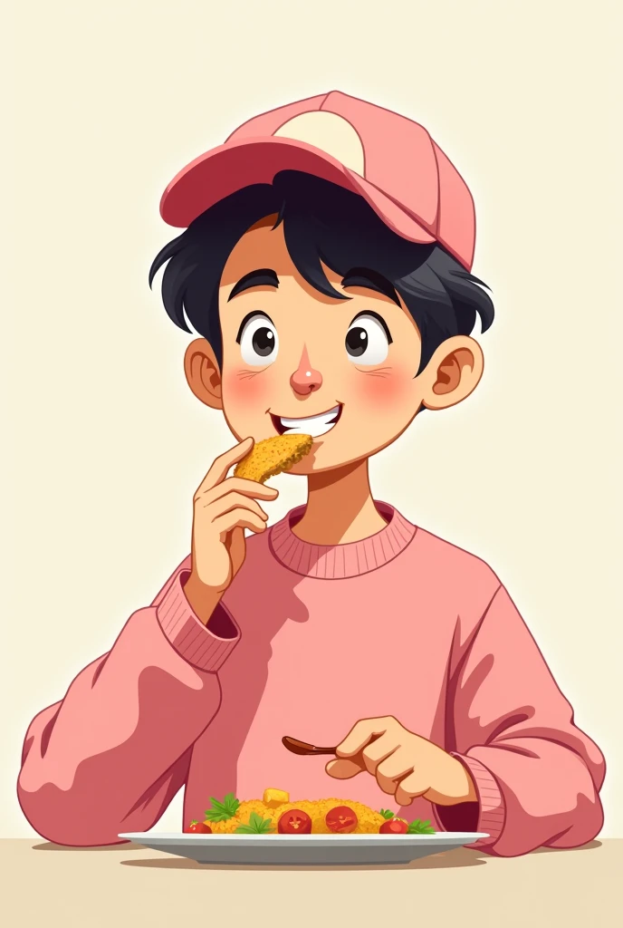 Cartoon of a 20 year old boy, with pink cap, pink sweatshirt, eating with your mouth closed