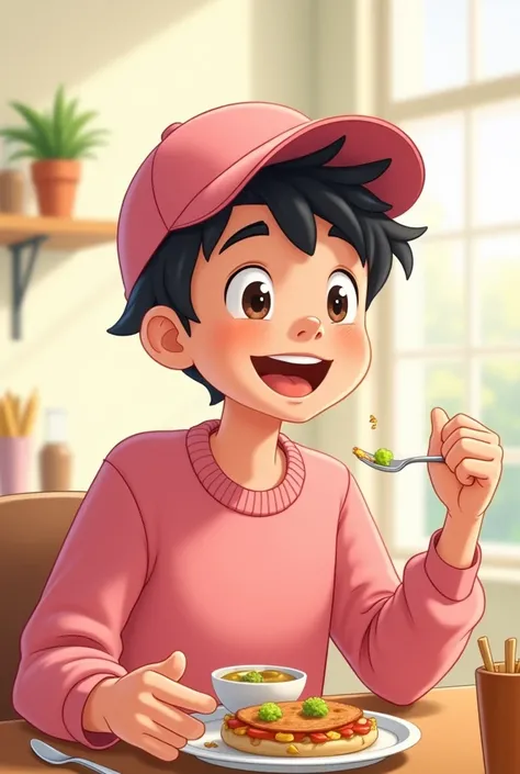 Cartoon of a 20 year old boy, with pink cap, pink sweatshirt, Eating with your mouth closed and cheeks full of food