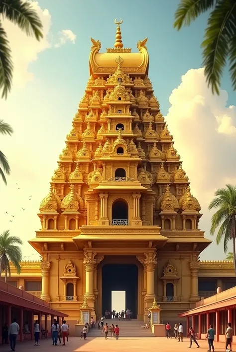 Front view of Rameshwaram temple in gold colour in tamil nadu  afternoon view with people 