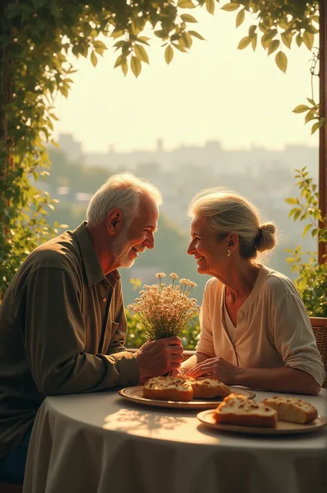 Generate the photo of old man and women men with white bread enjoying by sitting on the restaurant table in roof enjoying in the nature old man carrying flower on the hand