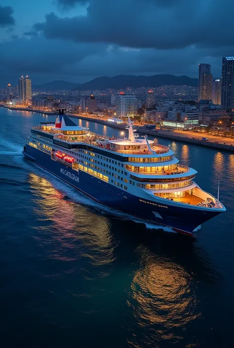 A Cruise car ferry named MS Catbalogan is leaving manila port at night with a blue hull and a philippine flag with a car deck and a luxurious hotel and a luxurious indoor mall and luxurious dining area with a lifeboat deck and side propellers and lastly a ...