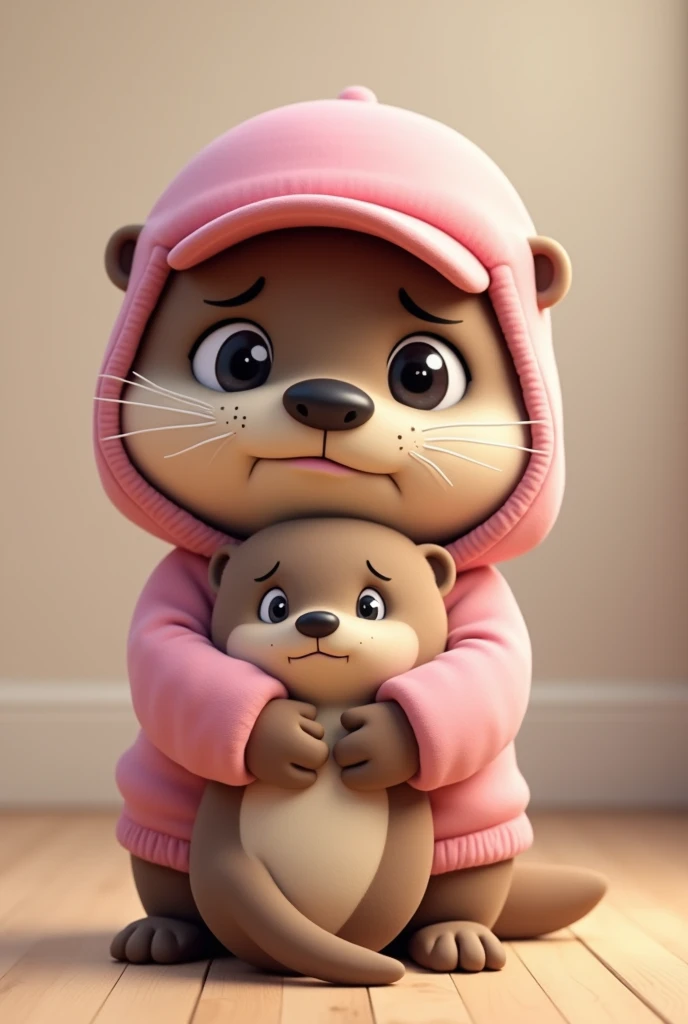 Cartoon of an otter, with pink cap, pink sweatshirt, with a scared face and hugging a stuffed otter 