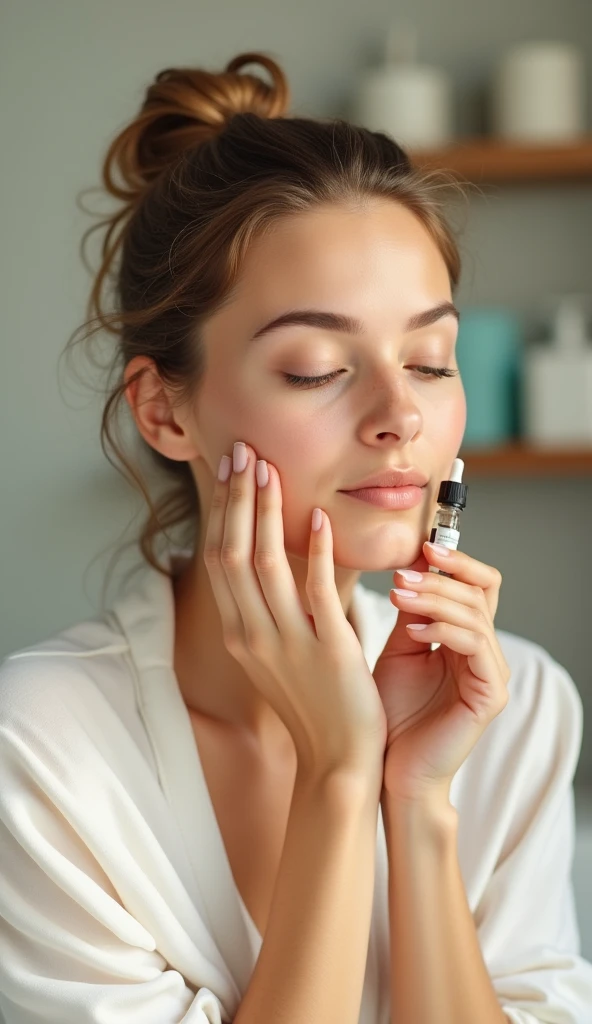 Woman applying vitamin drops to her face, facial care