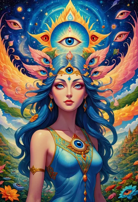 Close-up of a person standing in front of a painting, opening The Third Eye睛, The Third Eye睛, Fantasy painting, The Third Eye, dmt goddess, DMT art, dmt journey, DMT field, DMT vision, Fantasy Art style, mystical The Third Eye睛, The Third Eye的视觉, Star appe...