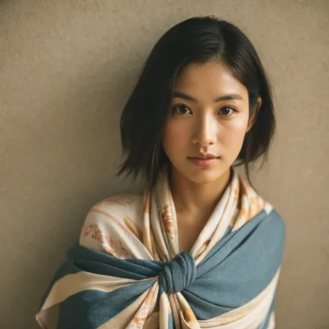 A hyper-realistic image of a single Japanese woman in her early 20s, captured from the shoulders up with the nostalgic warmth and subtle graininess of a film camera. She is wearing a traditional yukata with a vibrant, cute design featuring bold and colorfu...