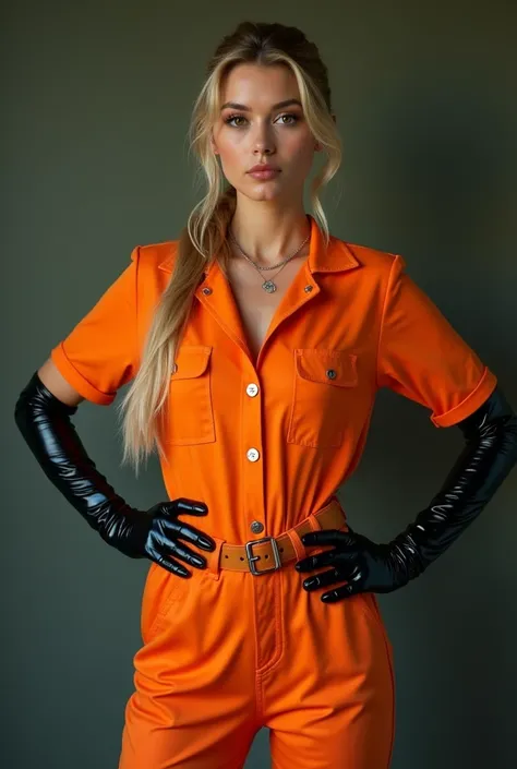 Frontal photograph of a beautiful young model with long a blonde medium length pulled back ponytail hair wearing a sexy synthetic orange prisoner jumpsuit, inmate jumpsuit, button-up, sexy view, hands holding her hips sideway, hands at her sides, wearing a...