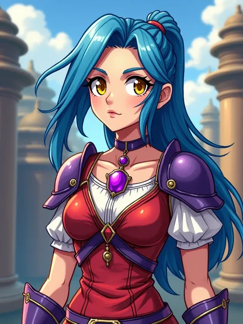 Final fantasy style,full body, pixelated, character, cartoon, RPG character, legendary hero, 2D game isometric art, female character, (((yellow eyes))), (((red clothes))), (((blue hair))), hair loose in the front and tied back, purple choker on the neck, ,...