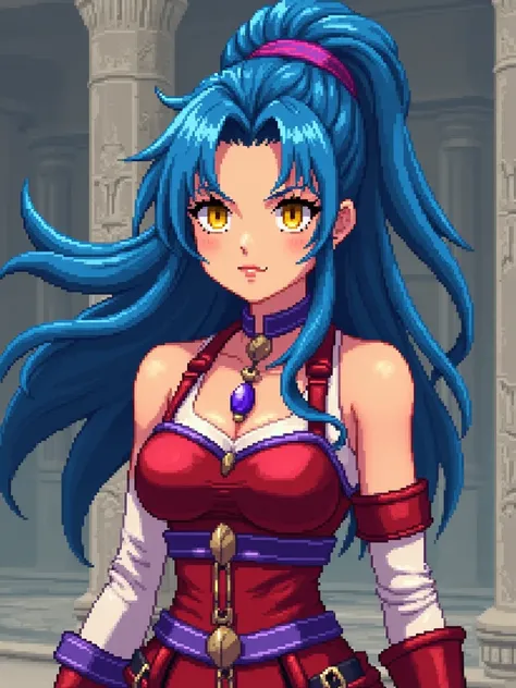 Final fantasy style,full body, pixelated, character, cartoon, RPG character, legendary hero, 2D game isometric art, female character, (((yellow eyes))), (((red clothes))), (((blue hair))), hair loose in the front and tied back, purple choker on the neck, ,...