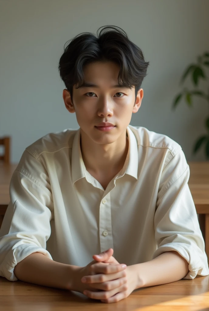 A gentle young man sitting on a chair and table looking straight hd realistic image 