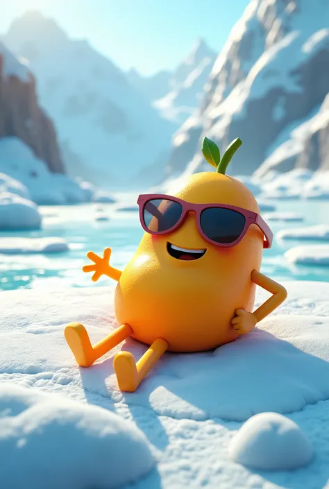 Create a Mango character with sunglasses, lay down on frozen ice, happy and smile, top angle, cool pose