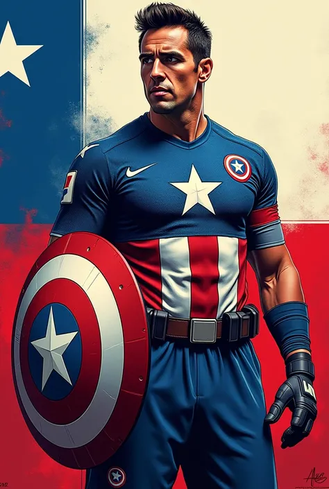 Claudio Bravo as Captain America with the Chilean insignia and the Captain&#39;s Gineta 