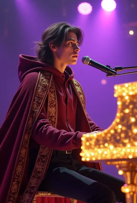 artwork best quality realistic image handsome american male teenager long brown hair light skin with burgundy button down shirt and black pants with burgundy cape and hood coat with intricate gold details glowing playing golden piano and glowing and singin...