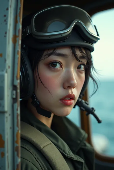 ultra-realistic, photorealistic, beautiful Japanese girl, beginner military pilot of the Japanese flying boat, she is so nervous, she is at the side door of the flying boat on the sea, dramatic scene, masterpiece, face focus, flight helmet, breathe mask, v...