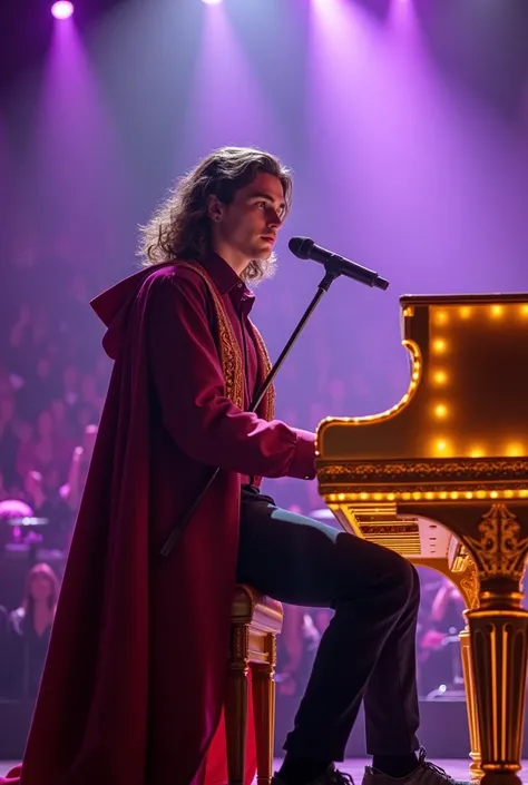 artwork best quality realistic image handsome american male teenager long brown hair light skin with burgundy button down shirt and black pants with burgundy cape and hood coat with intricate gold details glowing playing golden piano and glowing and singin...