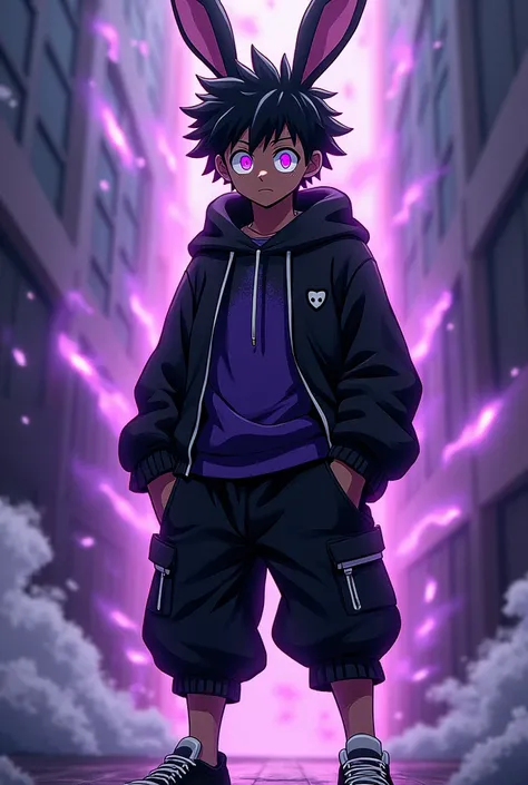 My Hero Academia, Dark Skin, Male, Freckles, , Teenager, High schooler, Dreads, red, Black Outfit, Hero, male character, Black Shorts, baggy black sweatpants, sneakers, black Hoodie and black and purple shirt. Purple eyes. Rabbit ears similar to Mirko