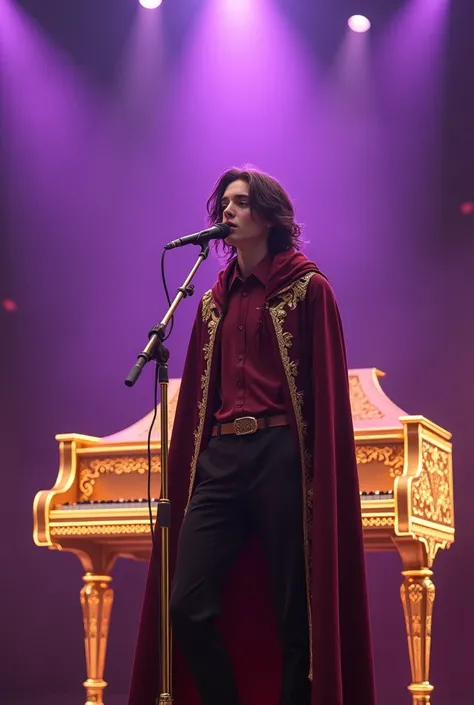 artwork best quality realistic image handsome american male teenager long brown hair light skin with burgundy button down shirt and black pants with burgundy cape and hood coat with intricate gold details glowing playing golden piano and glowing and singin...