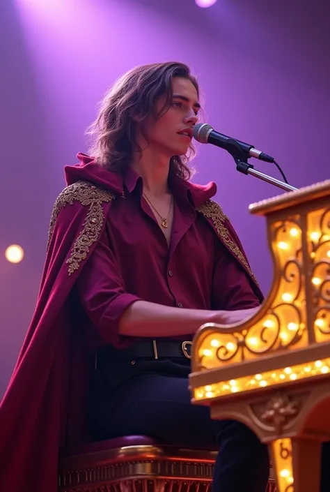 artwork best quality realistic image handsome american male teenager long brown hair light skin with burgundy button down shirt and black pants with burgundy cape and hood coat with intricate gold details glowing playing golden piano and glowing and singin...