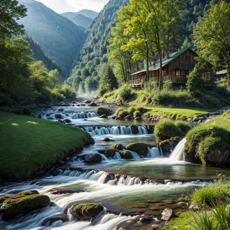 (wide angle shot) , coffee shop side by mountain stream , jazz music, lush landscape, dark green, forest, flower field, fog, river, master piece, high quality,8k