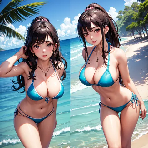 A beautiful girl in bikini walking, 20 year old girl, anime girl, a palapa on the beach, sand and sea, blue sky, flowered bikini, big rounds breasts, dark brown hair, long bangs, long hair, french braid, ponytail, wavy hair, shiny hair, hairclip, hair flow...