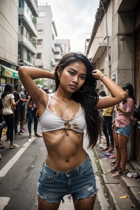 A people revolution in Indonesian, a young sweet beautiful Indonesian girl, twenty two years old, slim body, glamor and rich girl, crying out 
 being pulled and draging brutaly by some people to the street court,  her clothes has torn aparts and destroyed,...