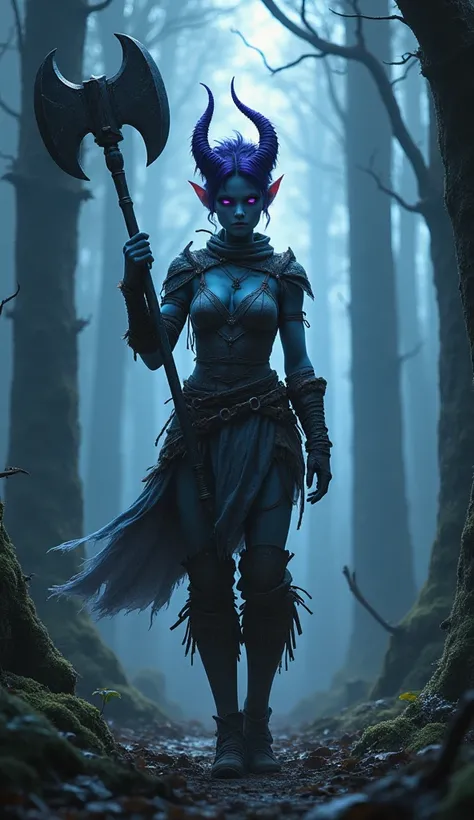 Destiny, the light blue Tiefling from Dungeons and Dragons, best quality, ultra-detailed CG unity 8k wallpaper, walking, high resolution, dynamic pose, beautiful face, 2 demon horns (Purple and black eyes:1.2, black and purple hair:1.3, pixie cut hair, rag...