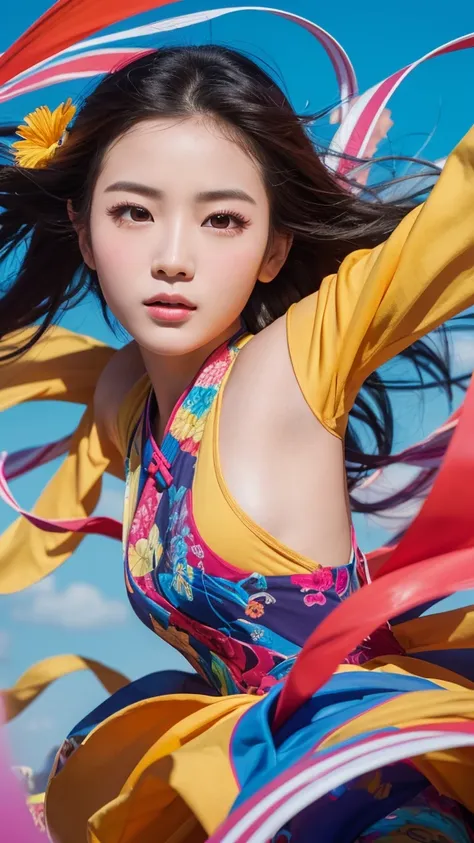 Chinese women, Face close-up, A female figure soaring high into the air, made of ribbons, cigarette, In the sky, Colorful and bright, Mysterious colors, modern impressionism, Portrait of Chen Yanjun, Iris Painting, 3/4 Perspective View, Cute Face, Low - An...