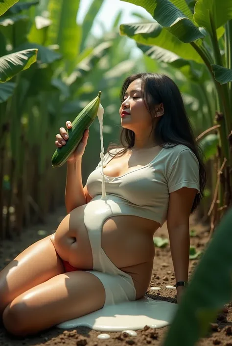 an Indonesian woman,full and plump body,short t-shirt short skirt,woman lying in a banana plantation,expression of exhaustion after climax,satisfied smile,woman holding a cucumber,Timjn releases milk from inside,milk fountain from cucumber smears women