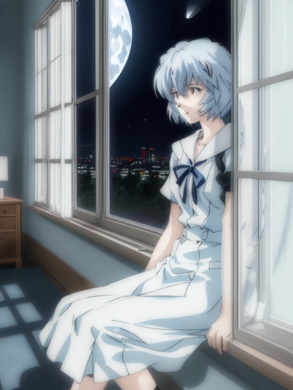 Rei Ayanami, Bluish silver short hair, (One hand on cheek, Large windows, Open window, Leaning on the window frame, One foot on the window sill), Tokyo-3 middle school uniform, black socks, ((Moon Background, The moon looks big, Gazing at the Moon, Night, ...