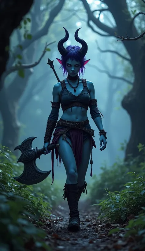 Destiny, the light blue Tiefling from Dungeons and Dragons, best quality, ultra-detailed CG unity 8k wallpaper, walking, high resolution, dynamic pose, beautiful face, 2 demon horns (Purple and black eyes:1.2, black and purple hair:1.3, pixie cut hair, rag...