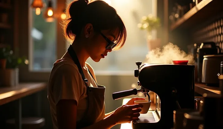 ((very sharp photo result, photo-realistic:1.37)) (Best Quality, 8k), (high res, masterpiece 1.2), (Ultra-detailed)(((magical ))) backlight shade silhouette shoot of an asian barista woman with short hair, sunglasses, apron preparing the coffee, shade phot...