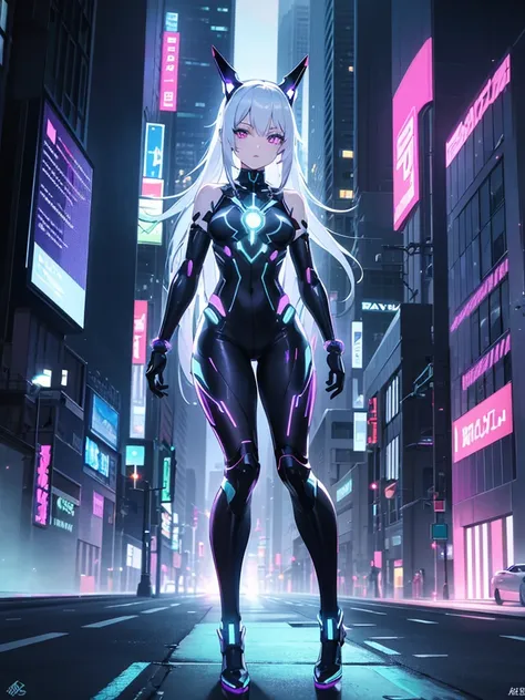 "A futuristic anime girl stands confidently in a sleek, high-tech cyberpunk suit that glows with neon blue and purple accents. Her suit is form-fitting with intricate circuits and digital patterns running across it, giving off a subtle luminescent glow. Th...