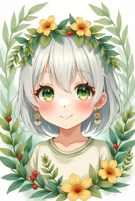 ((Extremely detailed),#3B4195 Background,Beautiful flowers,berry,fern,leaf,平静色彩的watercolor图案),(watercolor纹理), ((1 Girl),（Green dates），（The tree），Cute and lively girl image，watercolor:1.2),Sportswear, leaf, By Bangs, White hair, Green Eyes, There is hair be...