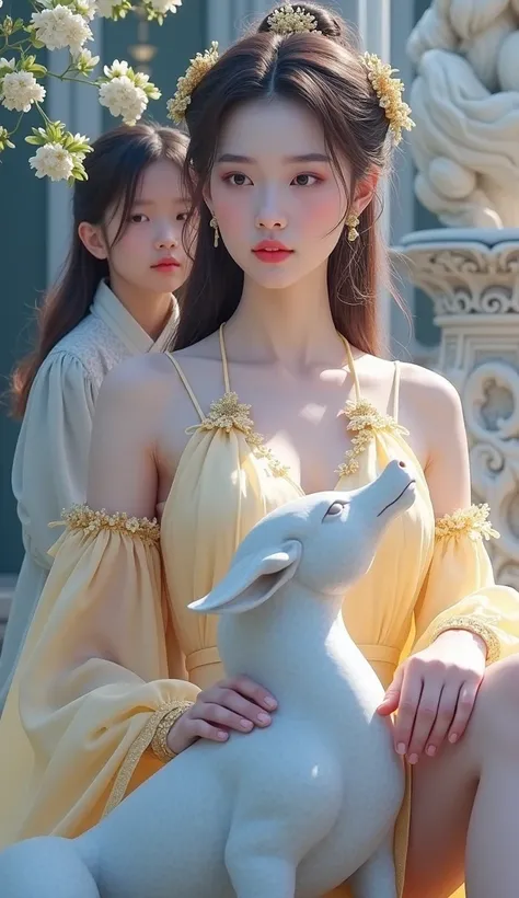 there is a woman that is sitting down with a yellow dress, a marble sculpture inspired by Wang Yuanqi, trending on cg society, rococo, palace ， a girl in hanfu, hanfu, elf long weaving brown hair