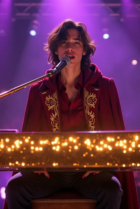 artwork best quality realistic image handsome american male teenager long brown hair light skin in burgundy button down shirt and black pants with burgundy cape and hood coat with intricate gold details glowing sitting playing golden piano and glowing and ...