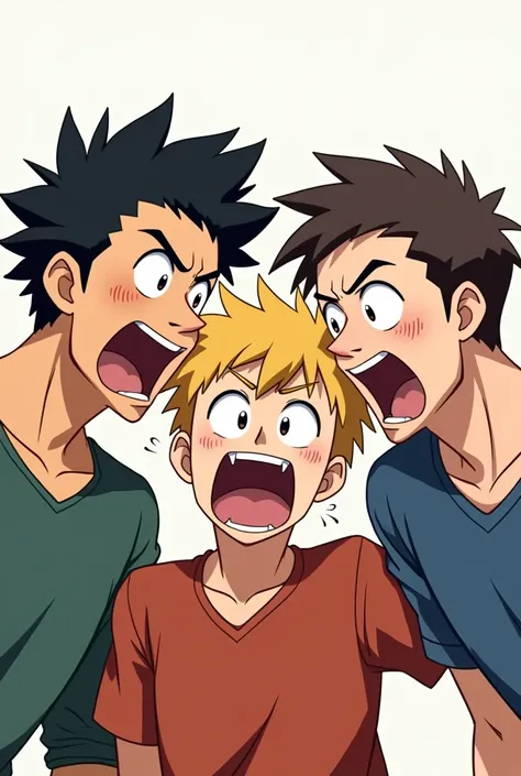 Three men with different hair styles are shocked in a funny way, anime