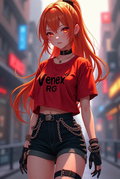 A half anime female character,with long ginger hair, with a shirt that says venex RG Red short, and chains on the waist with black gloves and chains in the hand
