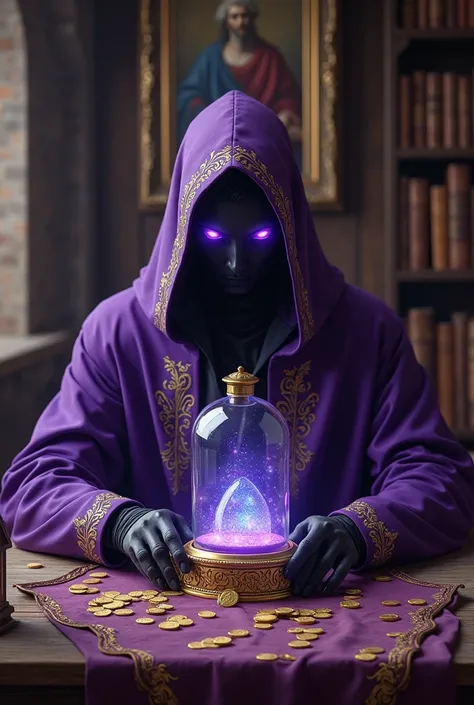 A sorcerer sitting in front of a table with a black cloth, On top of the table there is a glass bag resting on a golden base, There are gold coins next to it. The sorcerer wears a violet robe with gold trim., you can&#39;t see his face, just some eyes that...