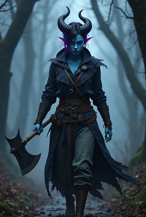 Destiny, the light blue Tiefling from Dungeons and Dragons, best quality, ultra-detailed CG unity 8k wallpaper, walking, high resolution, dynamic pose, beautiful face, 2 demon horns (Purple and black eyes:1.2, black and purple hair:1.3, pixie cut hair, rag...