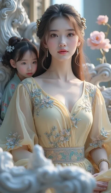 there is a woman that is sitting down with a yellow dress, a marble sculpture inspired by Wang Yuanqi, trending on cg society, rococo, palace ， a girl in hanfu, hanfu, elf long weaving brown hair