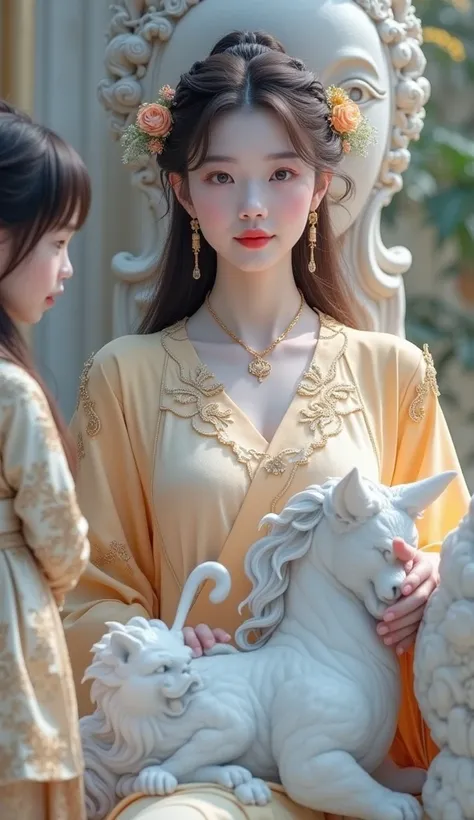 there is a woman that is sitting down with a yellow dress, a marble sculpture inspired by Wang Yuanqi, trending on cg society, rococo, palace ， a girl in hanfu, hanfu, elf long weaving brown hair