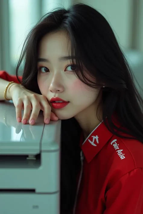 A woman with long, dark hair stand side a printer, her head resting on the glass surface. She gazes intently at the camera with a soft expression, wearing a red colored of AirAsias cabin crew uniform look sexy . Her left hand rests on the printer, while th...