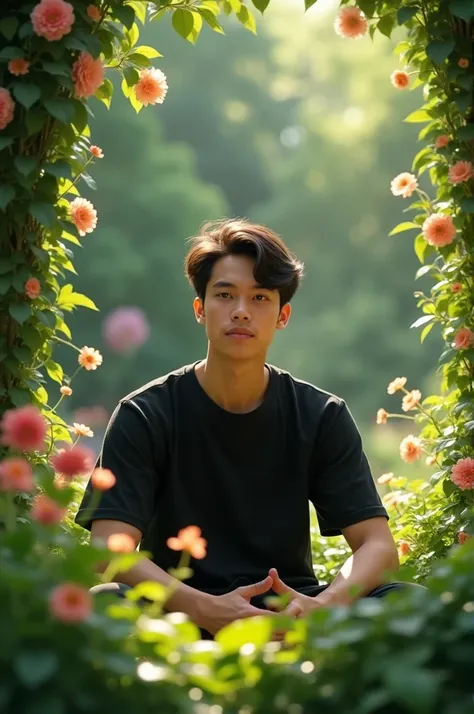 A 20 years boy wearing black shirt sitting in a garden