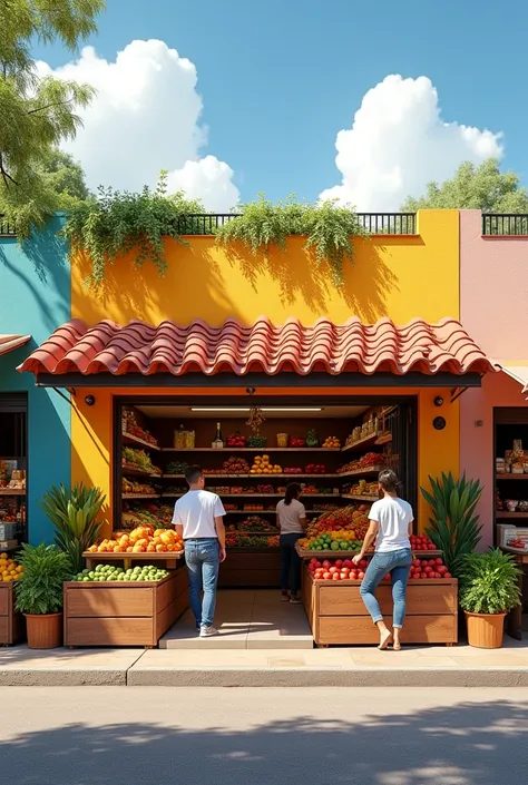 Commercial premises for the sale of fruits and vegetables inside a market with dimensions of 6x4 meters, Adjacent meat stores on one side and grocery stores on the other, Modern Mexican style using light-colored quarry cladding on the façade with an inclin...