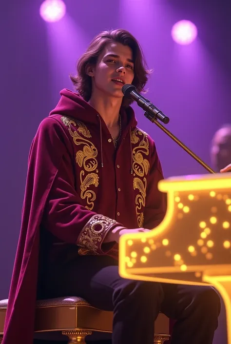 artwork best quality realistic image handsome american male teenager long brown hair light skin in burgundy button down shirt and black pants with burgundy cape and hood coat with intricate gold details glowing sitting playing golden piano and glowing and ...