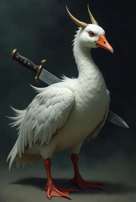 A serious Japanese style goose with a knife in one wing, devil horns on head on dark background